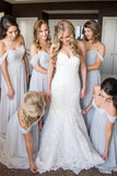 Off the Shoulder A line Light Grey Chiffon Long Bridesmaid Dress