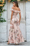 Blush Flower Mermaid Off The Shoulder Long Bridesmaid Dress with Slit