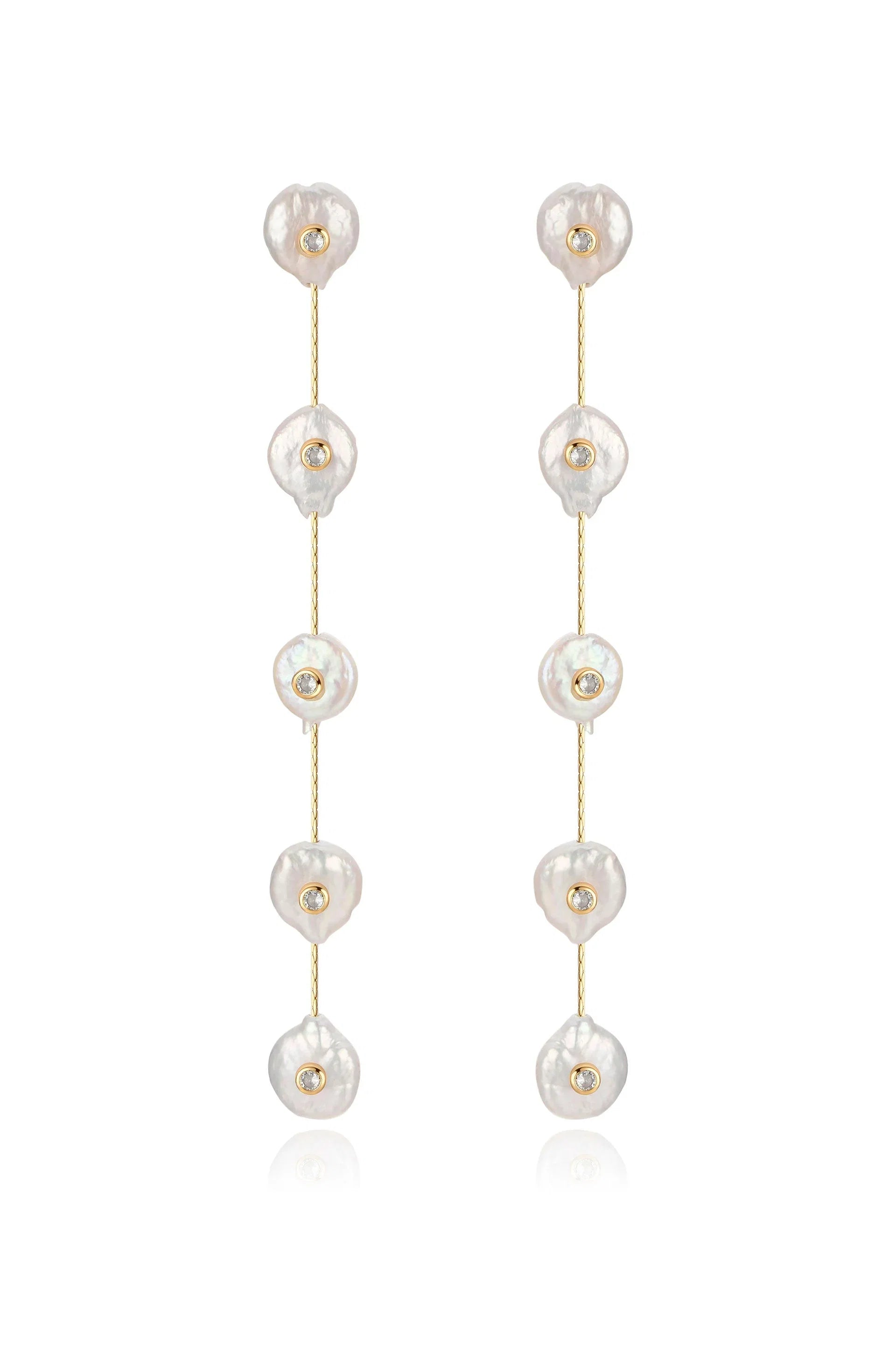 Falling Pearl and Crystal Dotted Drop Earrings