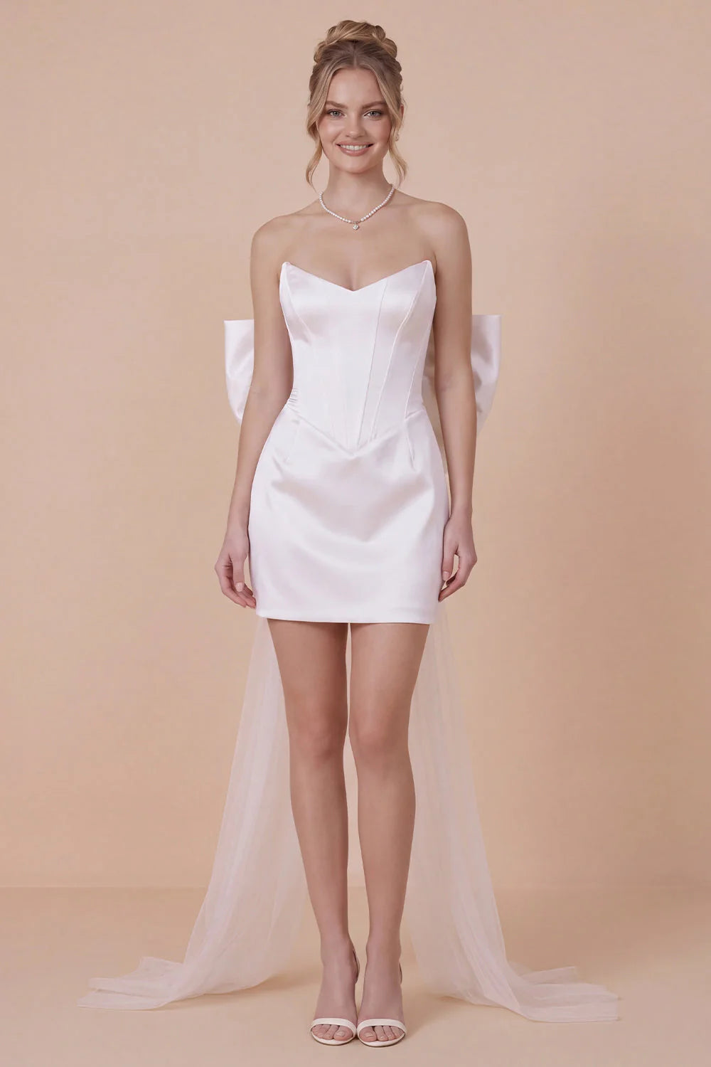 Strapless Basque Satin Bodycon White Graduation Dress with Bow