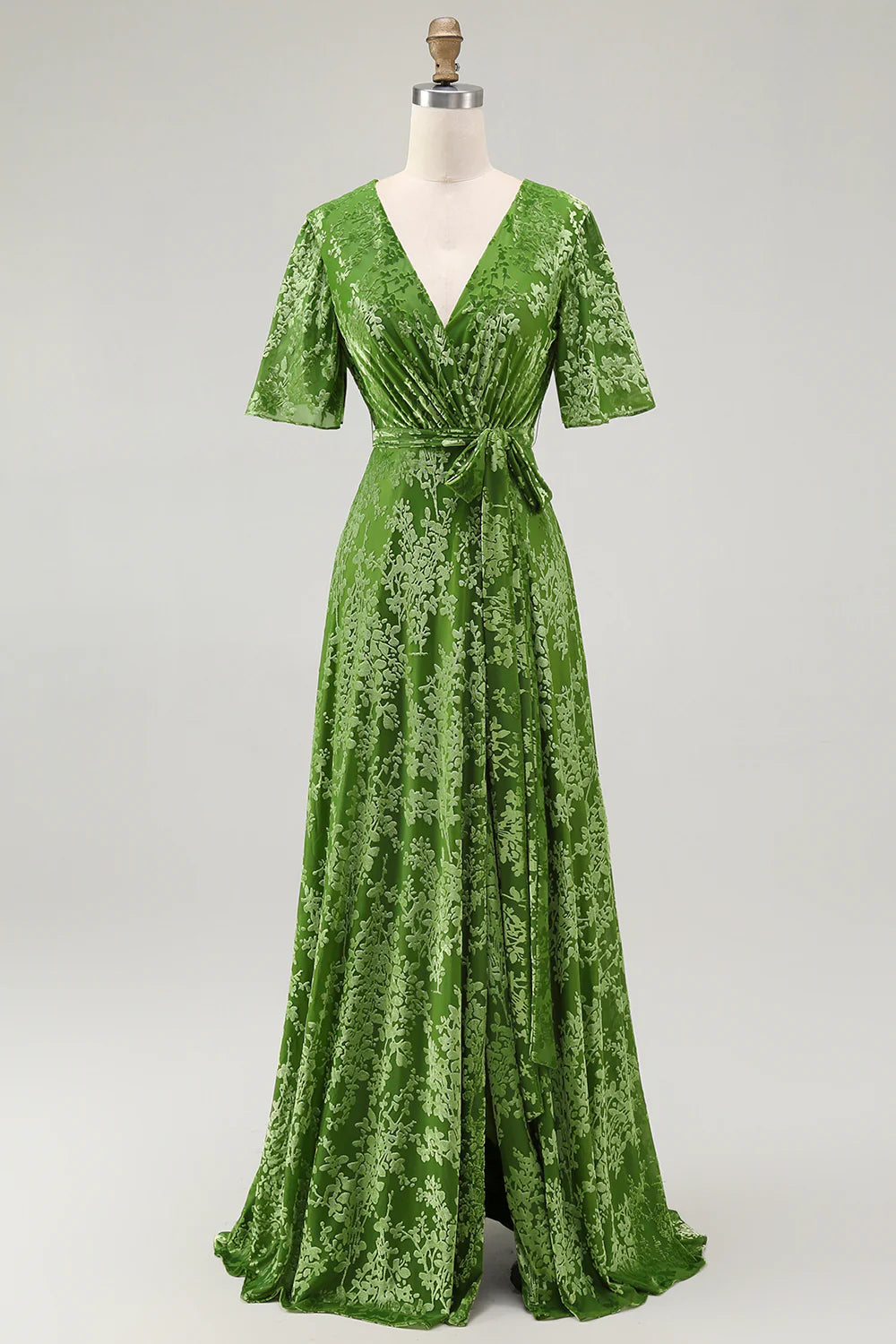 A Line V Neck Dark Green Burnout Velvet Floor Length Dress with Short Sleeves