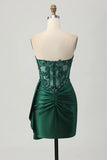 Dark Green Strapless Appliqued Tight Short Homecoming Dress with Side Cape