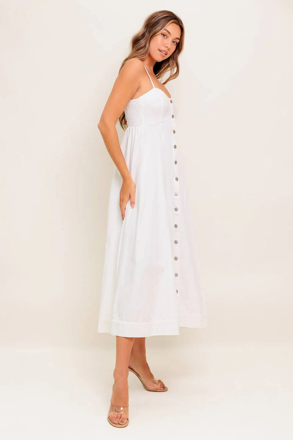 BREE BUTTON DOWN MIDI DRESS WHITE
