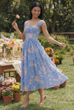 Floral Blue A Line Midi Wedding Guest Dress with Cap Sleeves