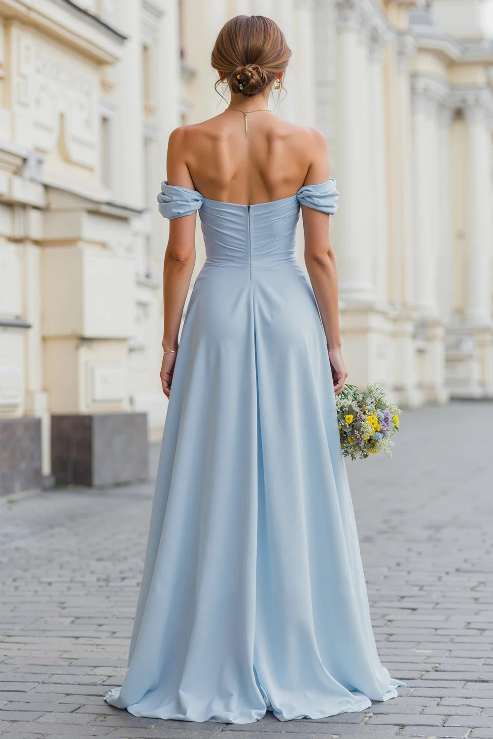 Sky Blue Off The Shoulder Chiffon A Line Bridesmaid Dress with Slit