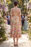 Floral Blush A Line V Neck Midi Wedding Guest Dress with Short Sleeves