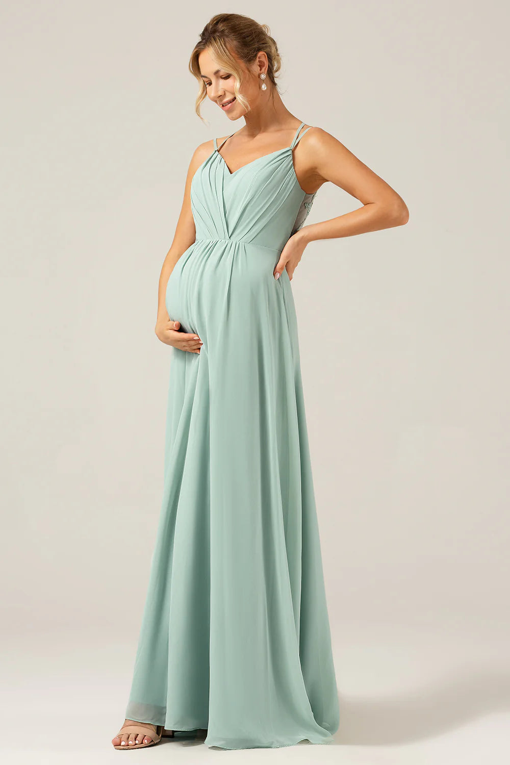 Matcha A Line Spaghetti Straps Chiffon Floor Length Bridesmaid Dress with Pleated