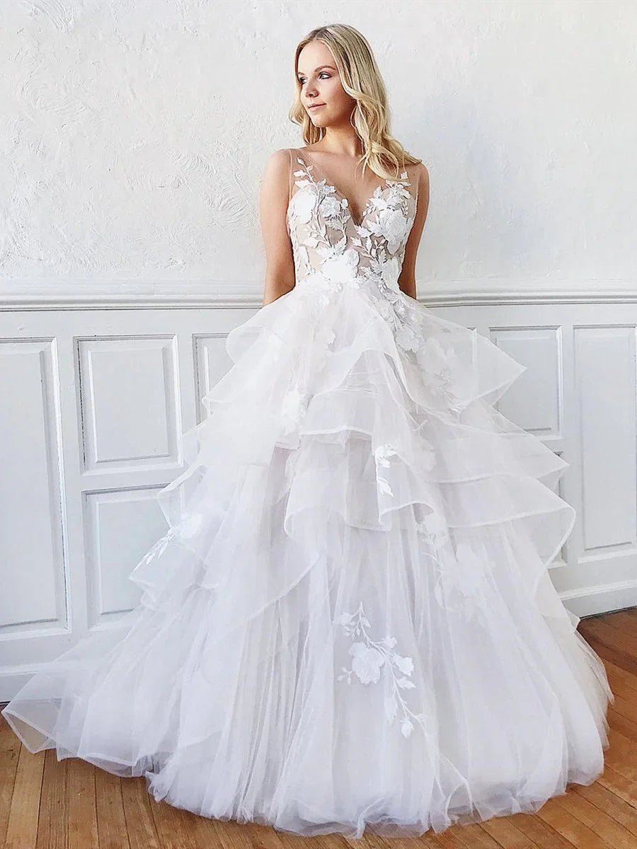 Sleeveless A Line V Neck Backless White Floral Lace Appliques Wedding Dresses
