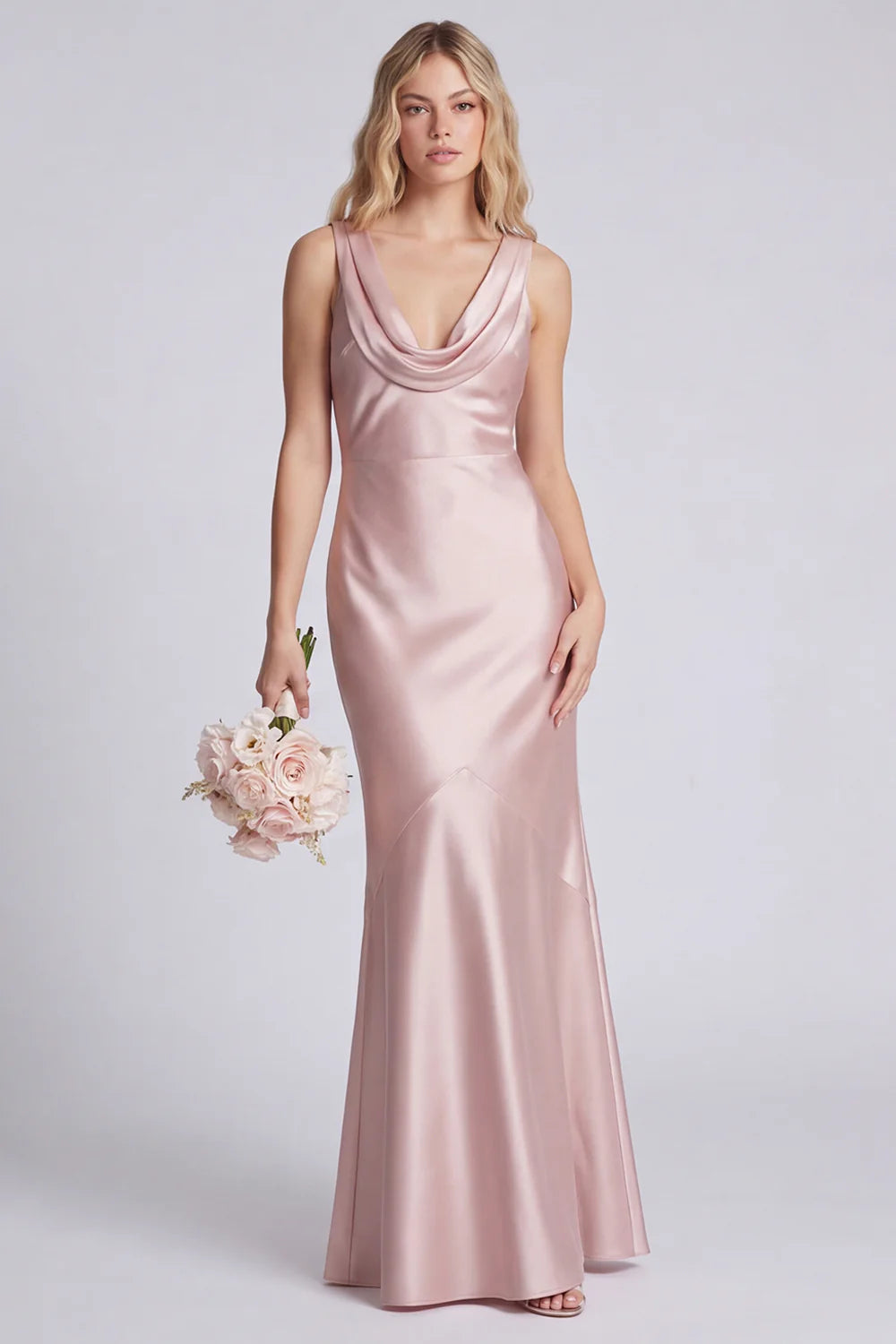 Eucalyptus Mermaid Cowl Neck Satin Long Bridesmaid Dress