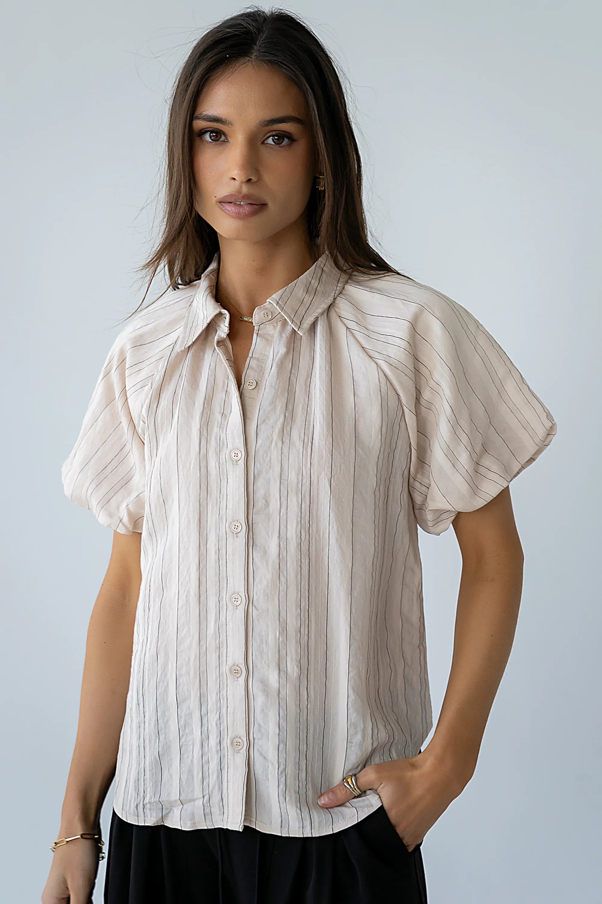 London Striped Button Up in Peach