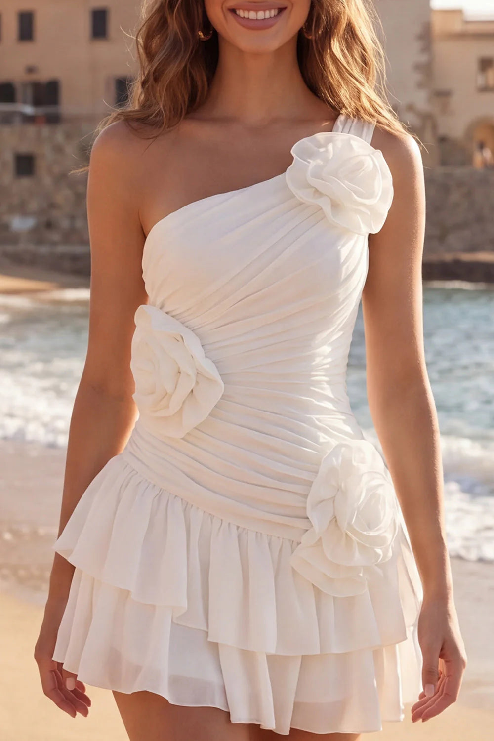 One Shoulder Ivory Ruched Ruffled Short Graduation Dress with 3D Flowers