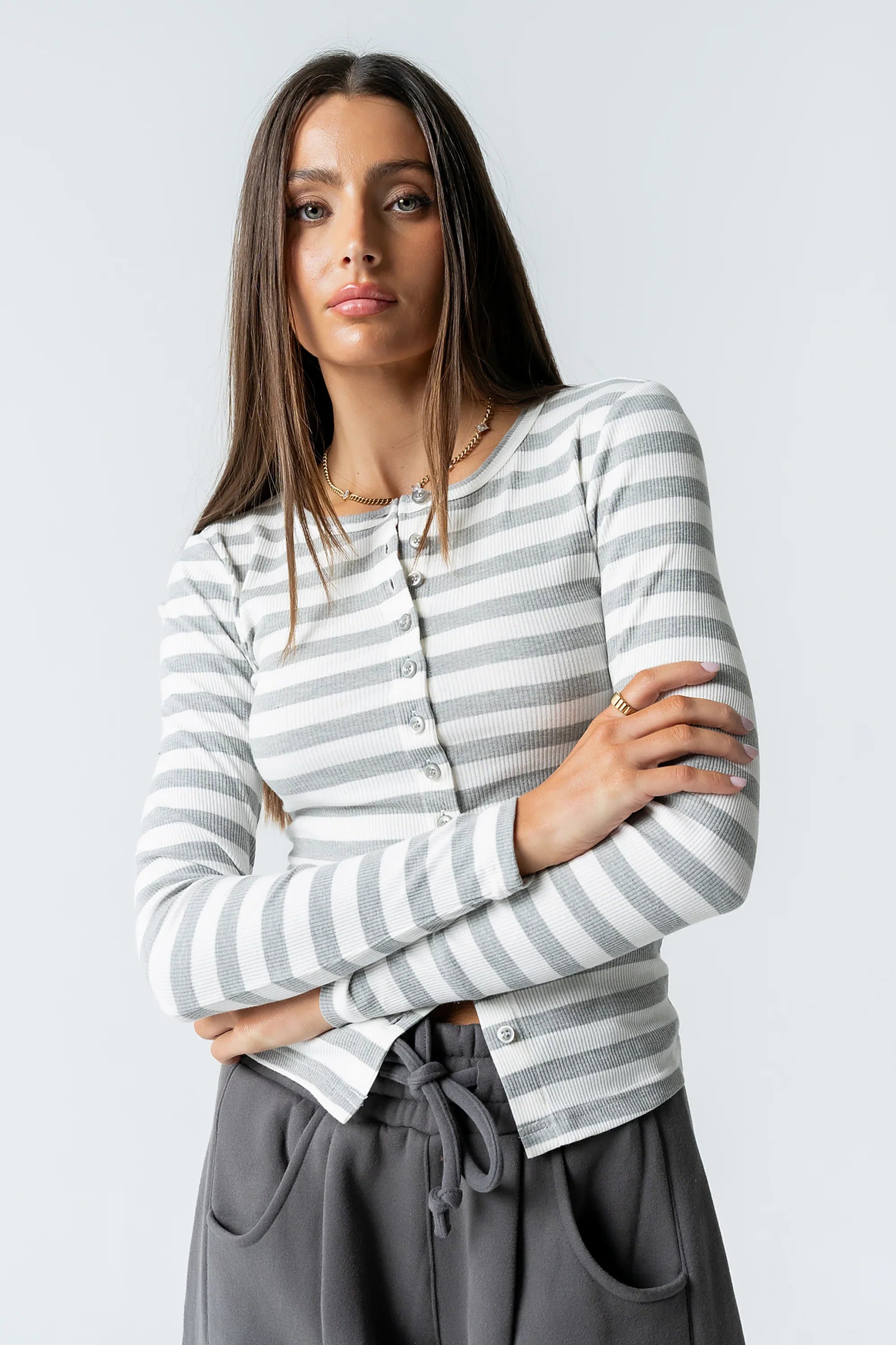 Mia Button Up Top in Striped Grey