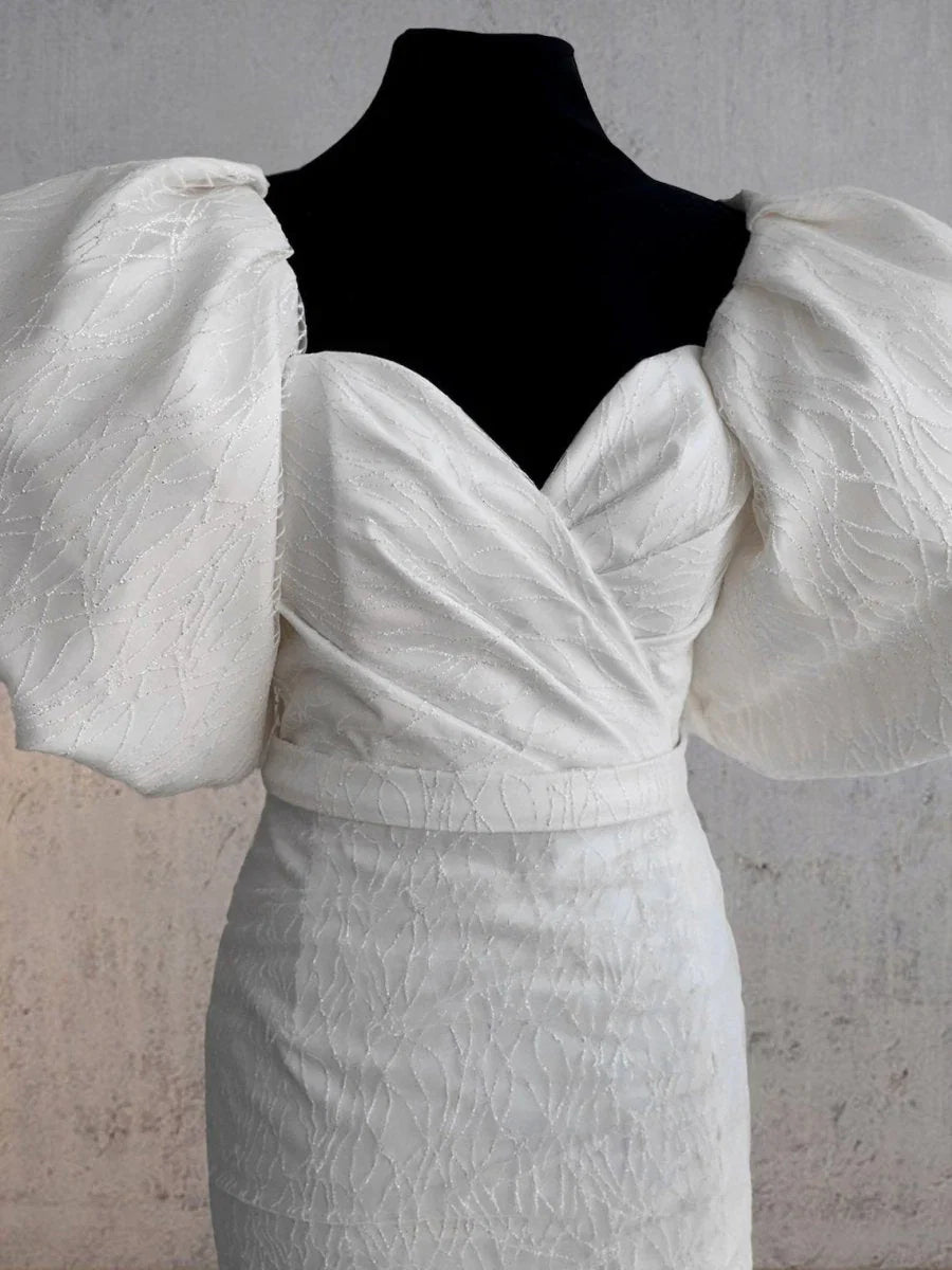 Sheath White Puff Sleeves Short V Neck Wedding Dress