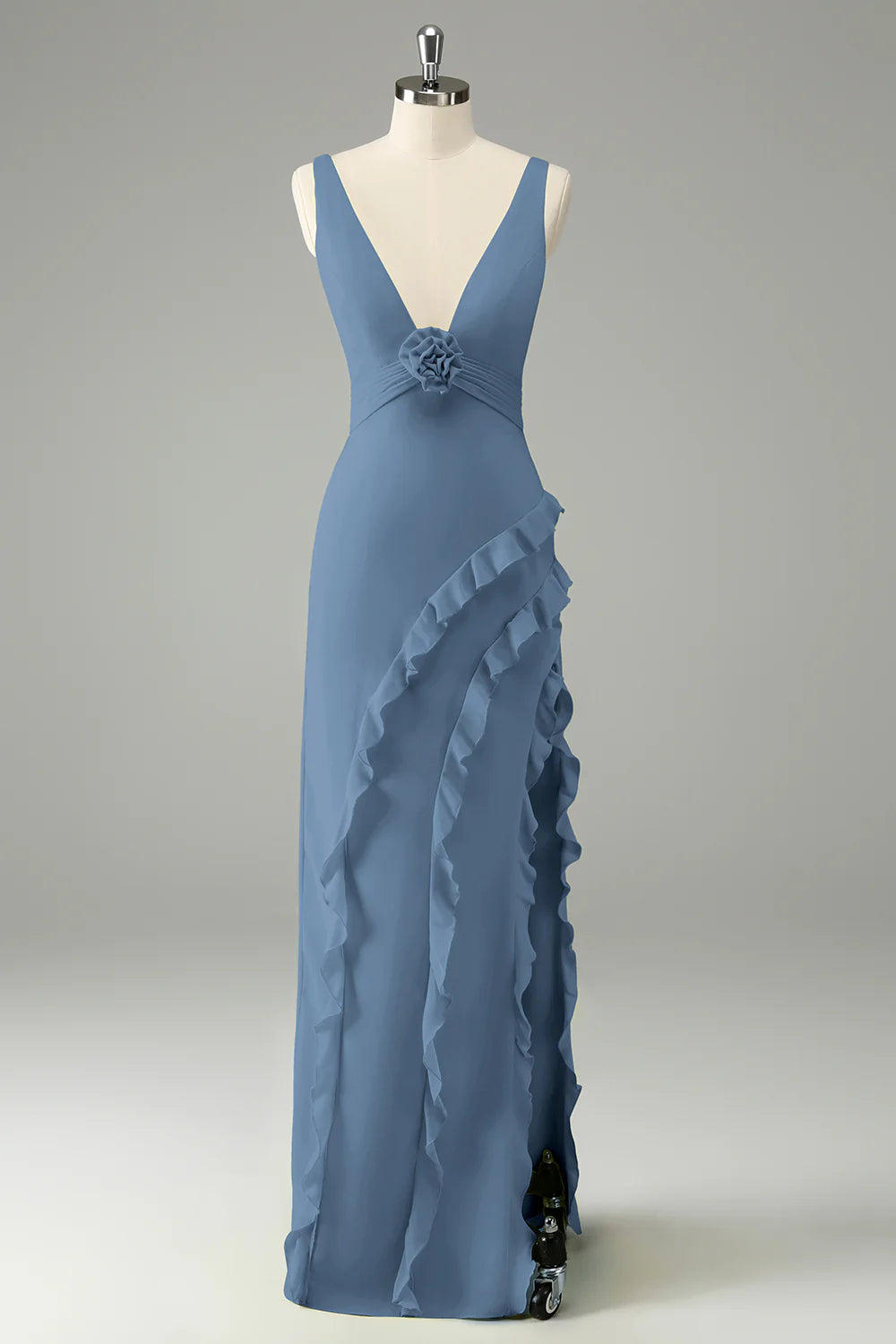 Lime A Line V Neck Floral Ruffle Open Back Bridesmaid Dress with Slit
