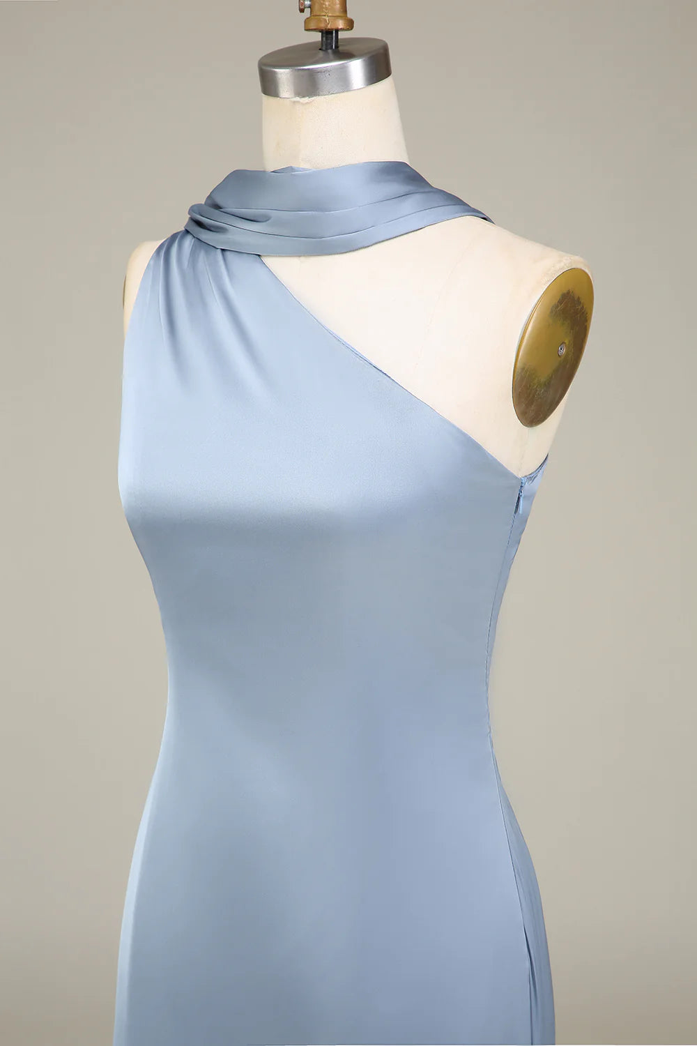 Sheath One Shoulder Convertible Long Satin Dusty Blue Bridesmaid Dress