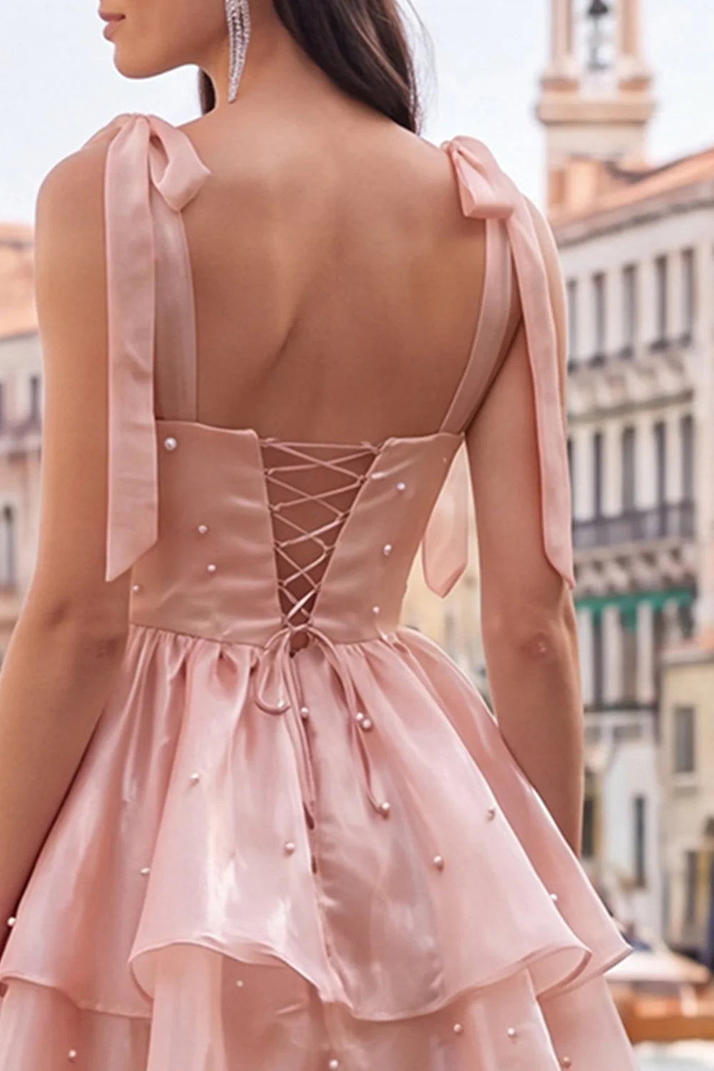 Cute Lilac A Line Pearl Tiered Short Homecoming Dress with Lace Up Back