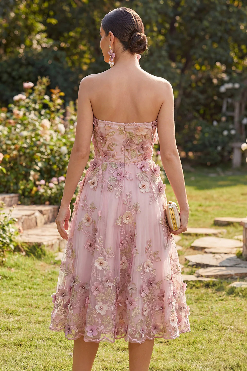Strapless Pink Floral Applique A Line Wedding Guest Dress
