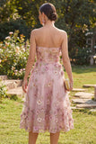 Strapless Pink Floral Applique A Line Wedding Guest Dress