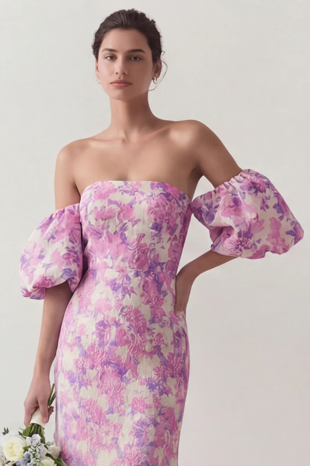 Blue White Flower Mermaid Strapless Satin Convertible Dress with Removable Sleeves