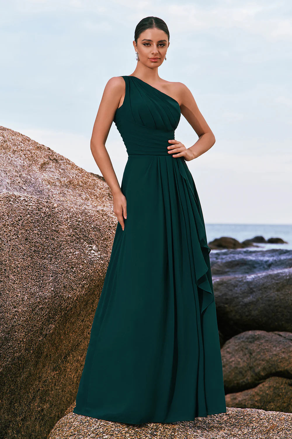 Dark Green One Shoulder Chiffon Pleated A Line Long Bridesmaid Dress