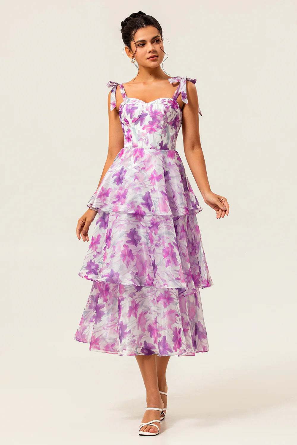 Purple Flower A Line Lace Up Back Tiered Print Midi Dress with Straps Bows