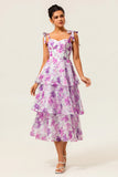 Purple Flower A Line Lace Up Back Tiered Print Midi Plus Size Dress with Straps Bows