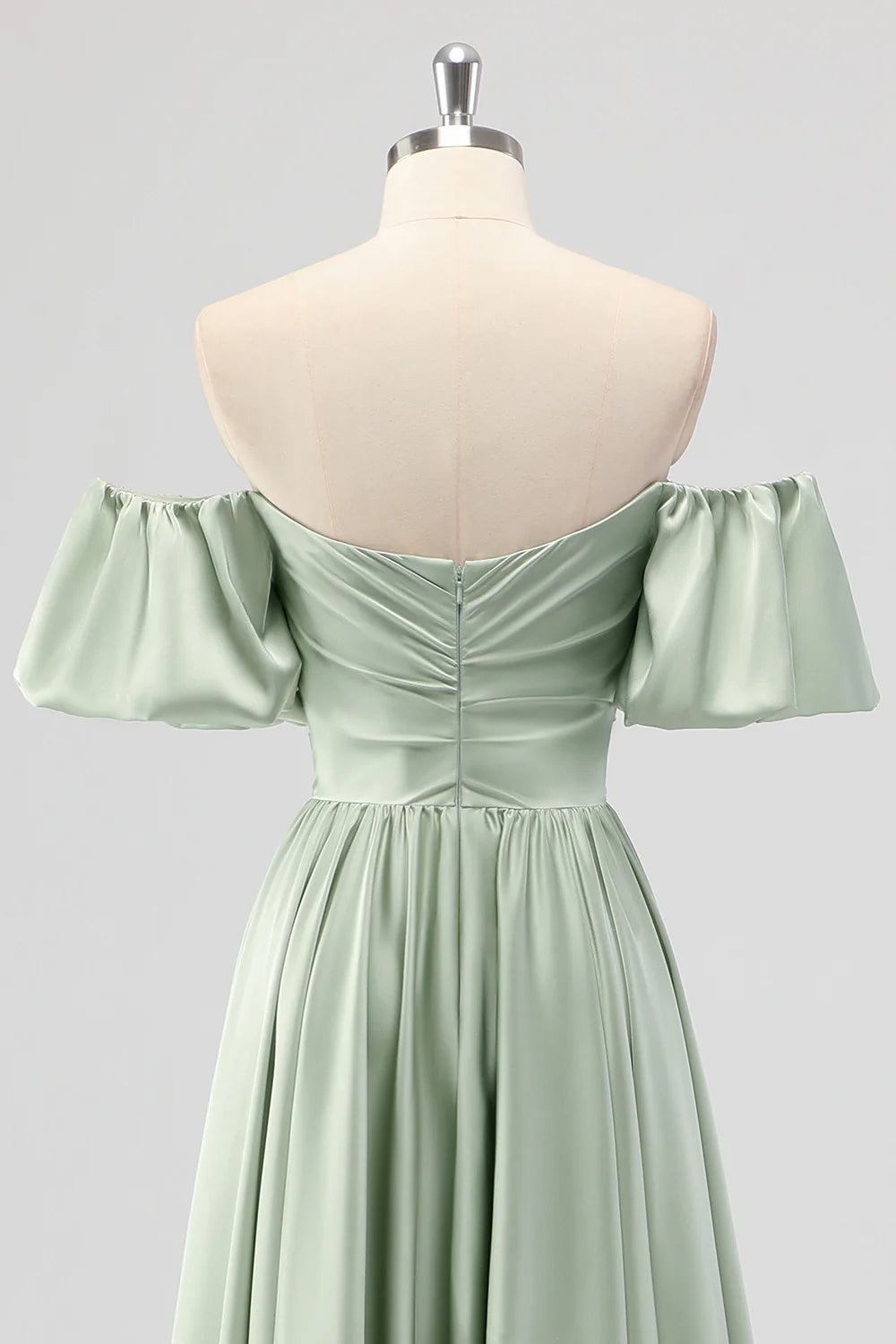 Sage Green A Line Off The Shoulder Ruched Satin Midi Dress