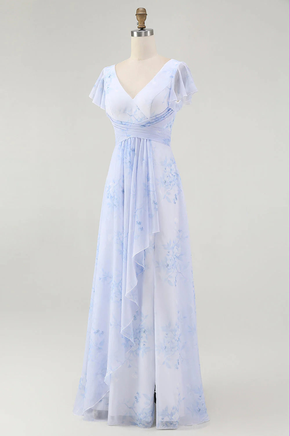 Blue Floral A Line V Neck Backless Long Bridesmaid Dress with Slit