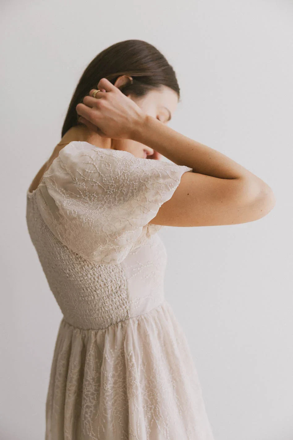 Karrie Embroidered Midi Dress in Champagne FINAL SALE