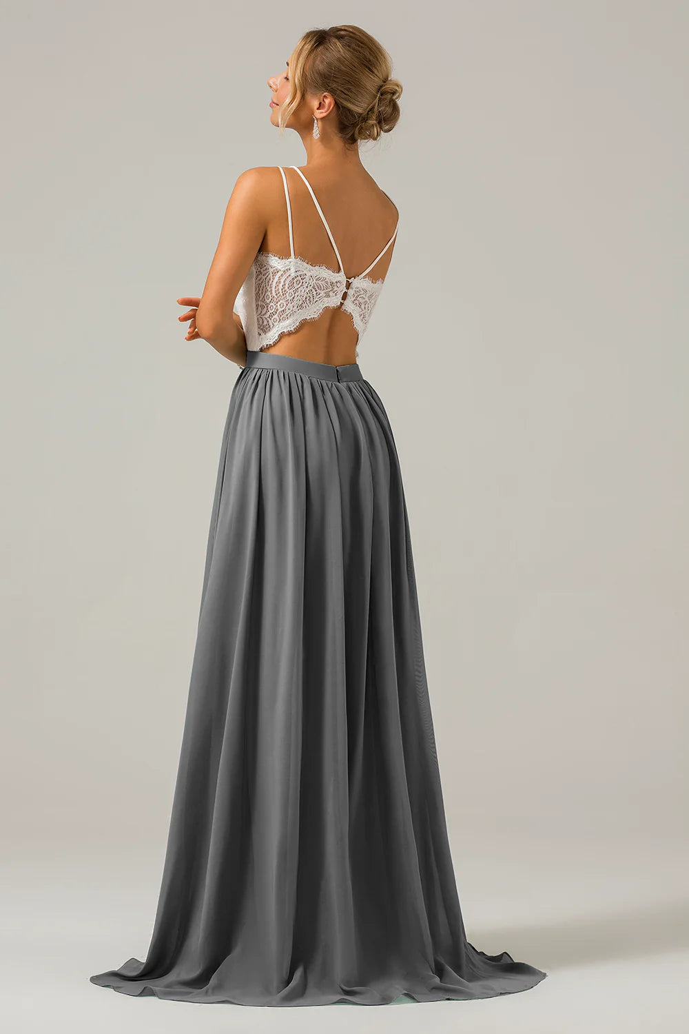 A Line Spaghetti Straps Pleated Long Bridesmaid Dress With Lace