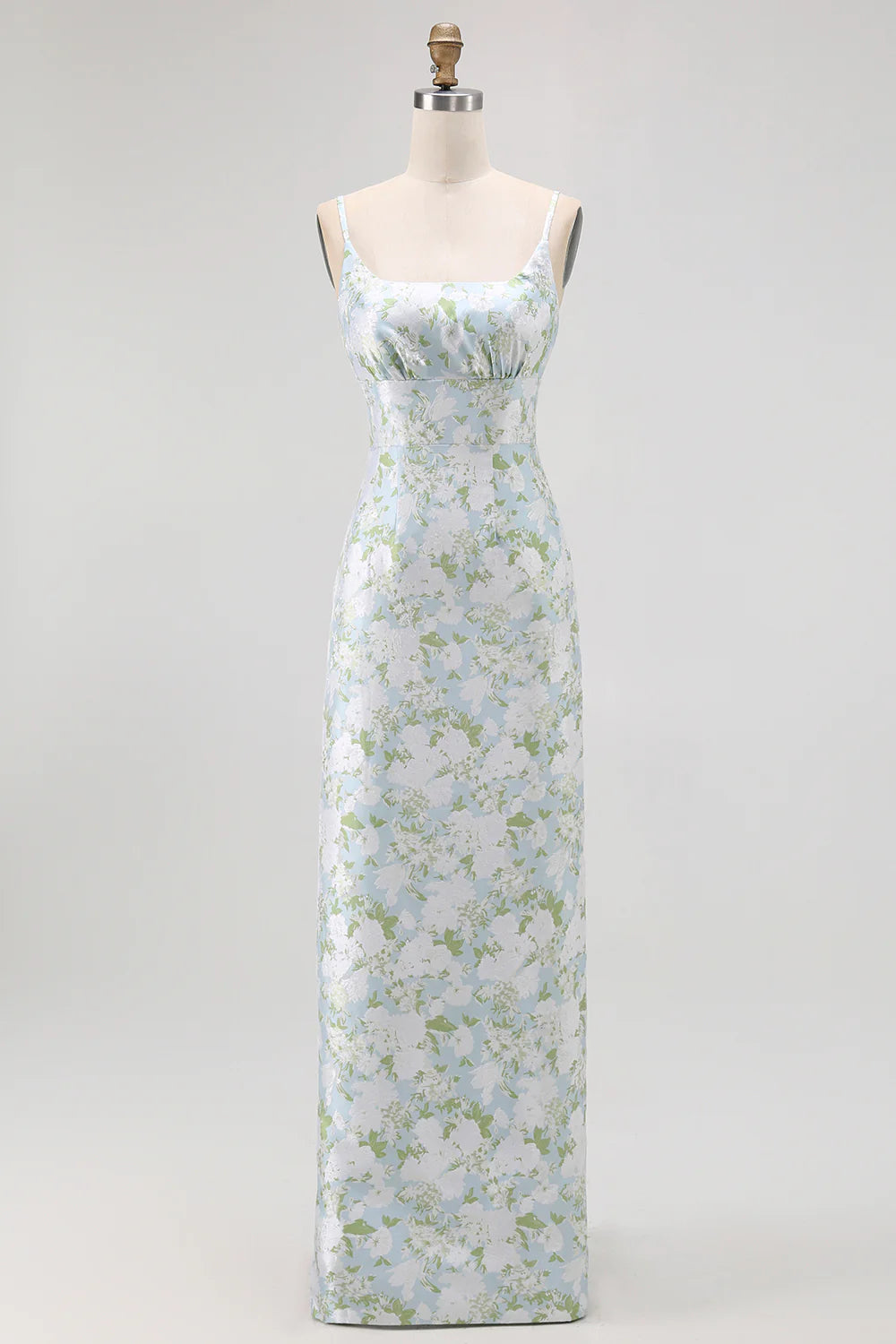 Sheath Blue White Flower Spaghetti Straps Print Long Bridesmaid Dress with Back Slit