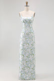 Sheath Blue White Flower Spaghetti Straps Print Long Bridesmaid Dress with Back Slit