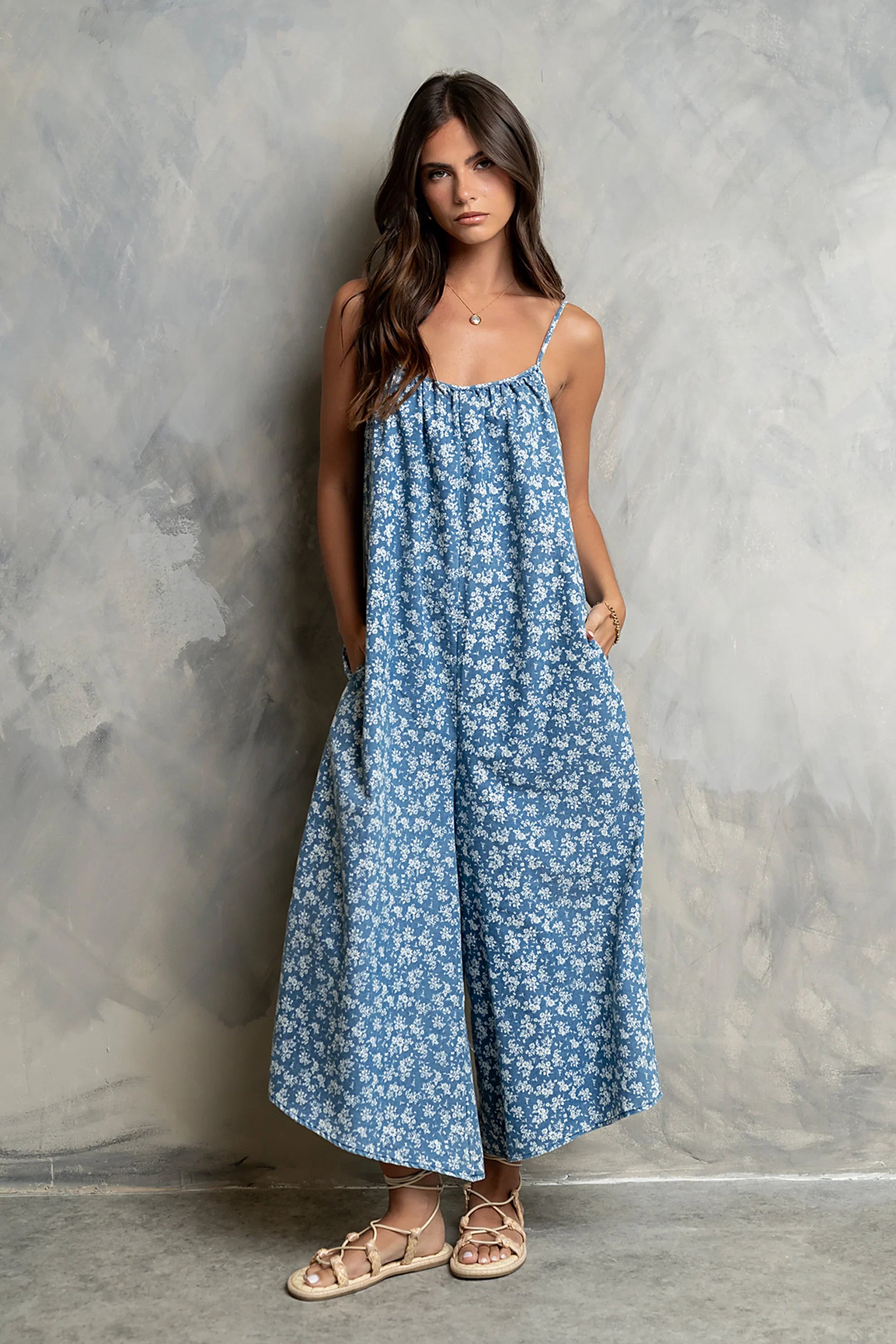 Brookelle Denim Floral Jumpsuit in Dark Wash