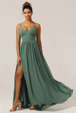 Eucalyptus A Line Spaghetti Straps Floor Length Chiffon Bridesmaid Dress with Slit