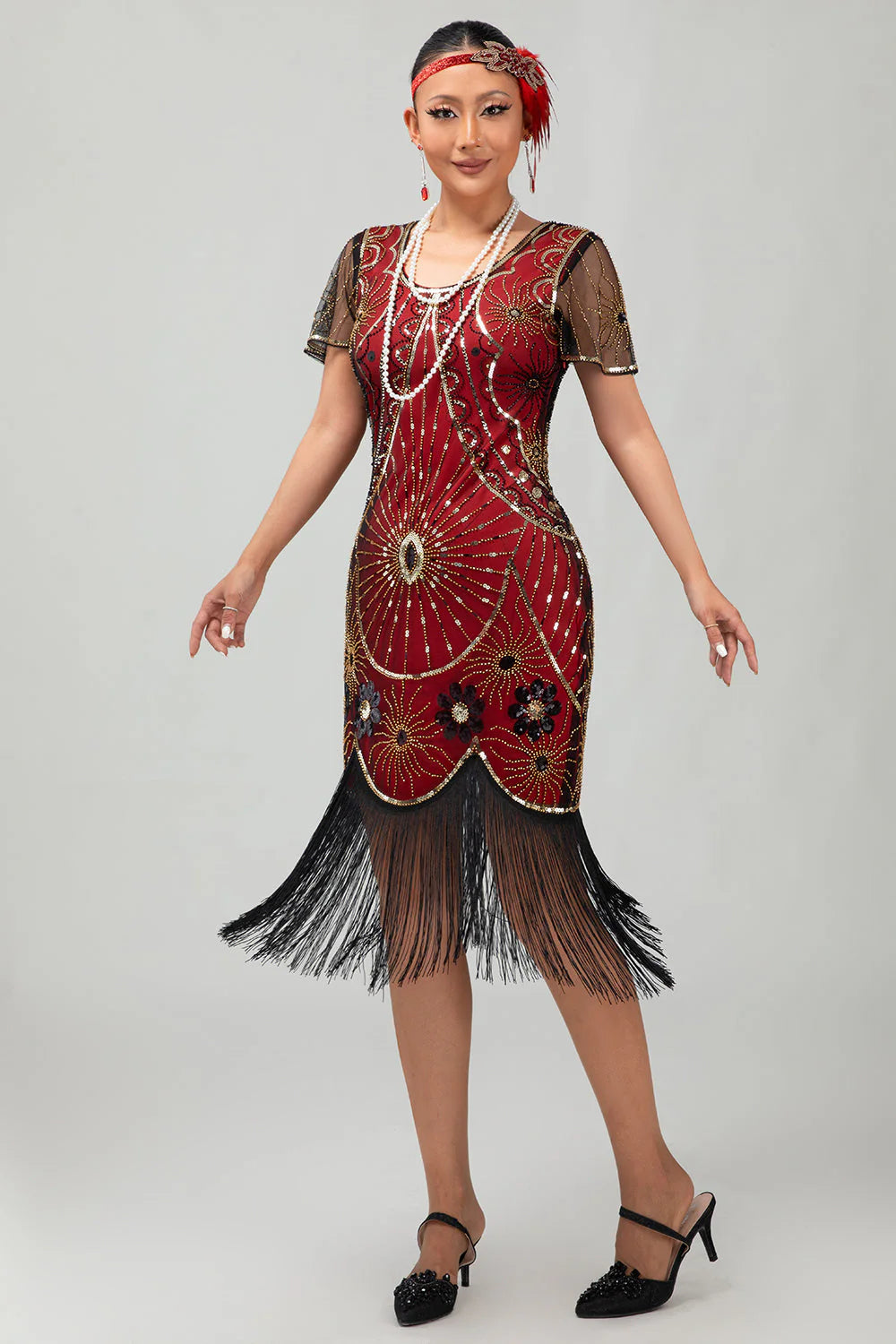 Beaded Black Golden Fringed Bodycon 1920s Dress