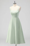 Sage Green A Line Square Neck Tea Length Satin Bridesmaid Dress