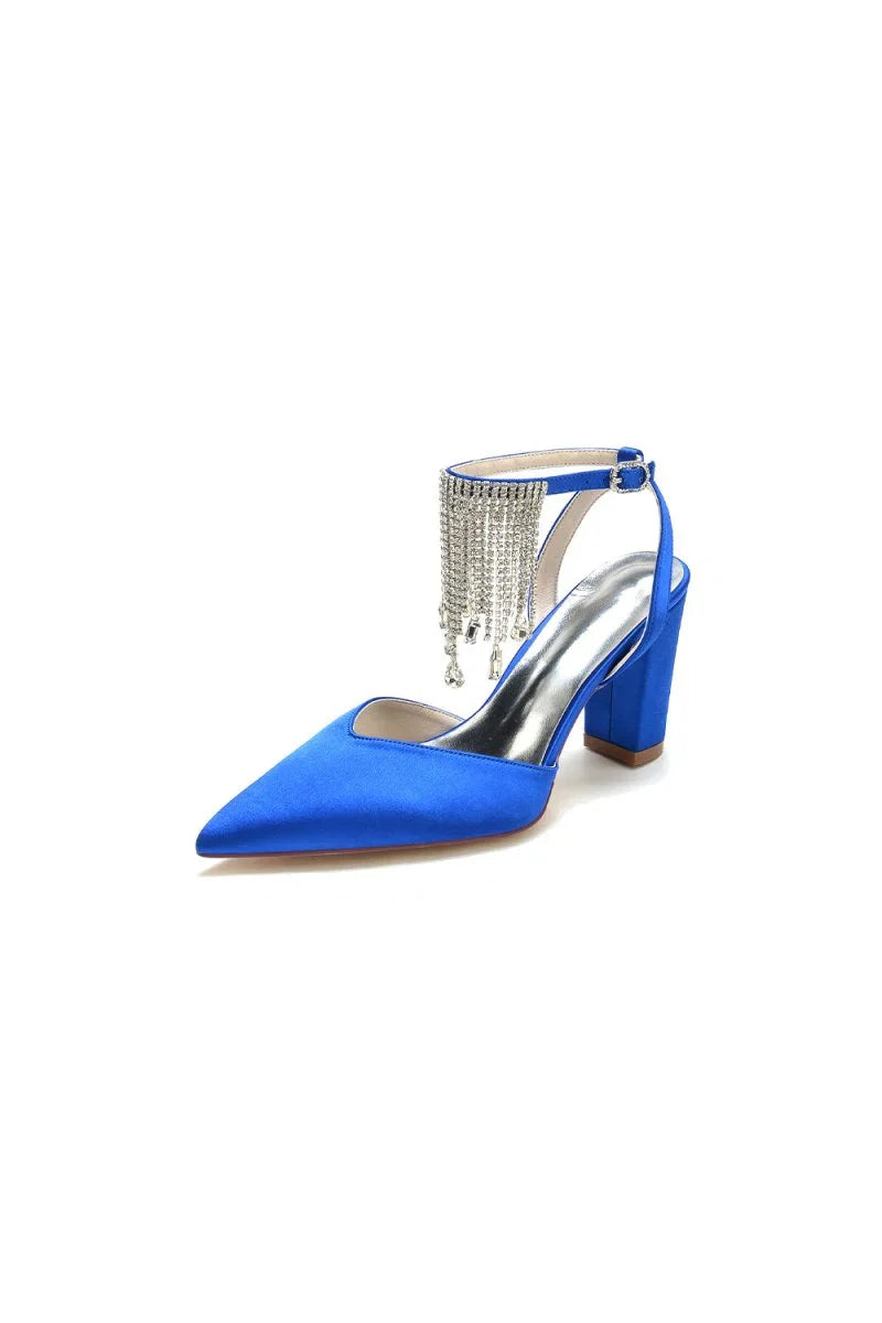Pointed Toe Beading Tassel Satin Chunky Heels
