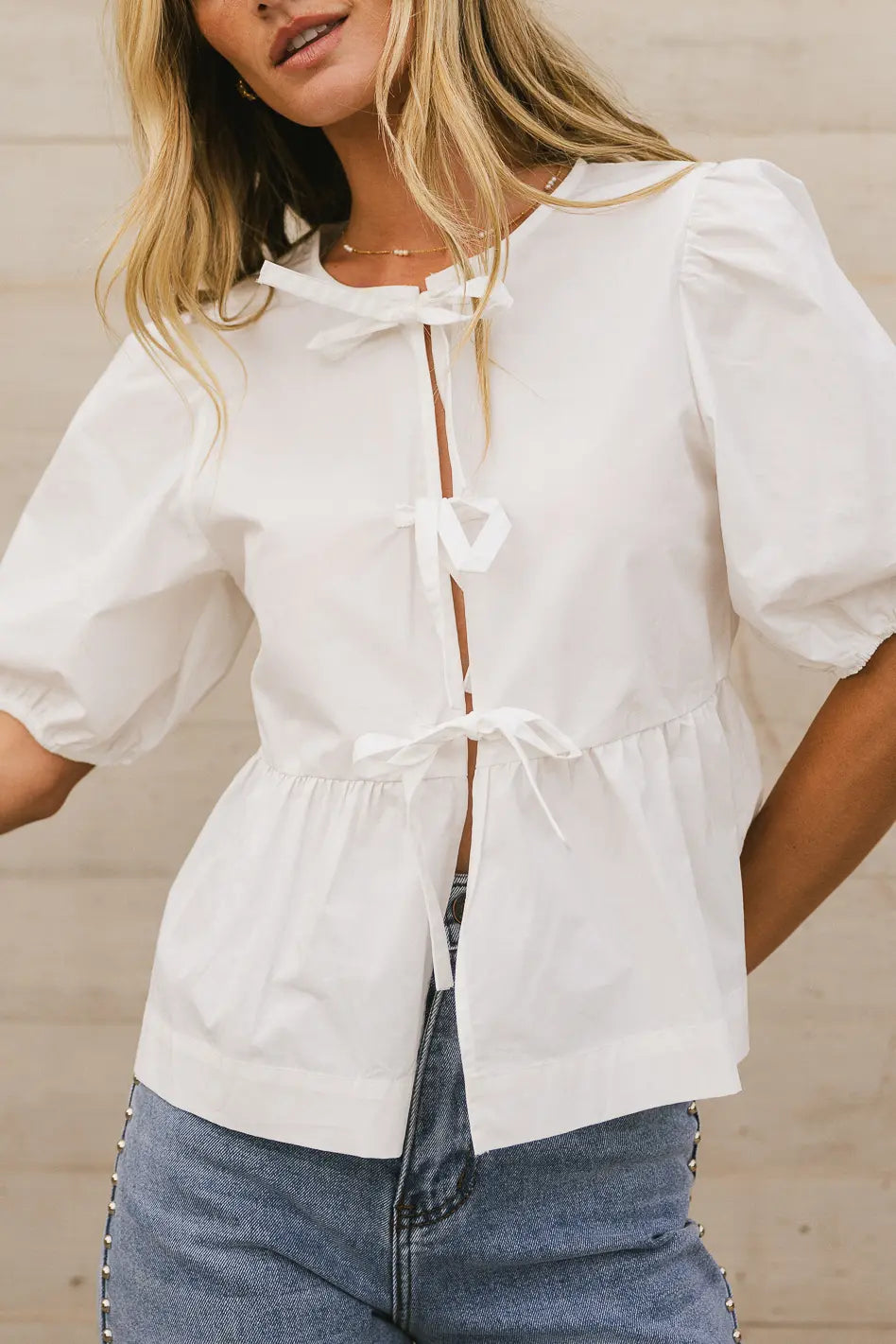 Natalia Peplum Tie Blouse in White FINAL SALE