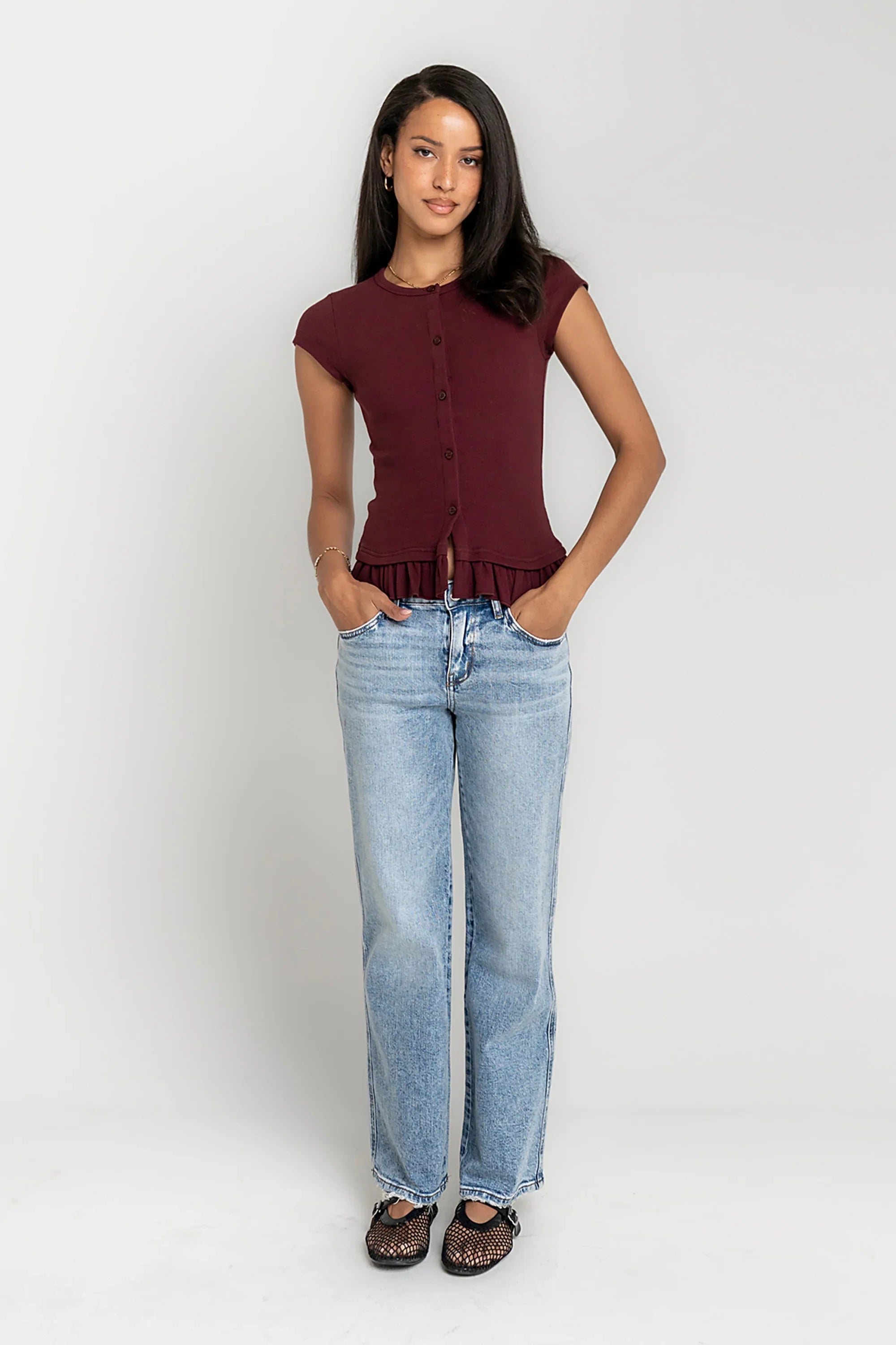 Misha Ruffle Top in Burgundy