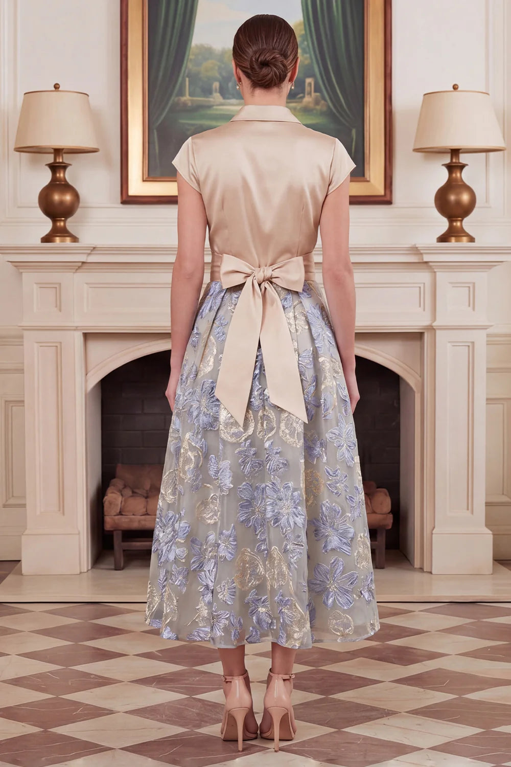 A Line Floral Jacquard Champagne Midi Mother of the Bride Dress with Flutter Sleeves