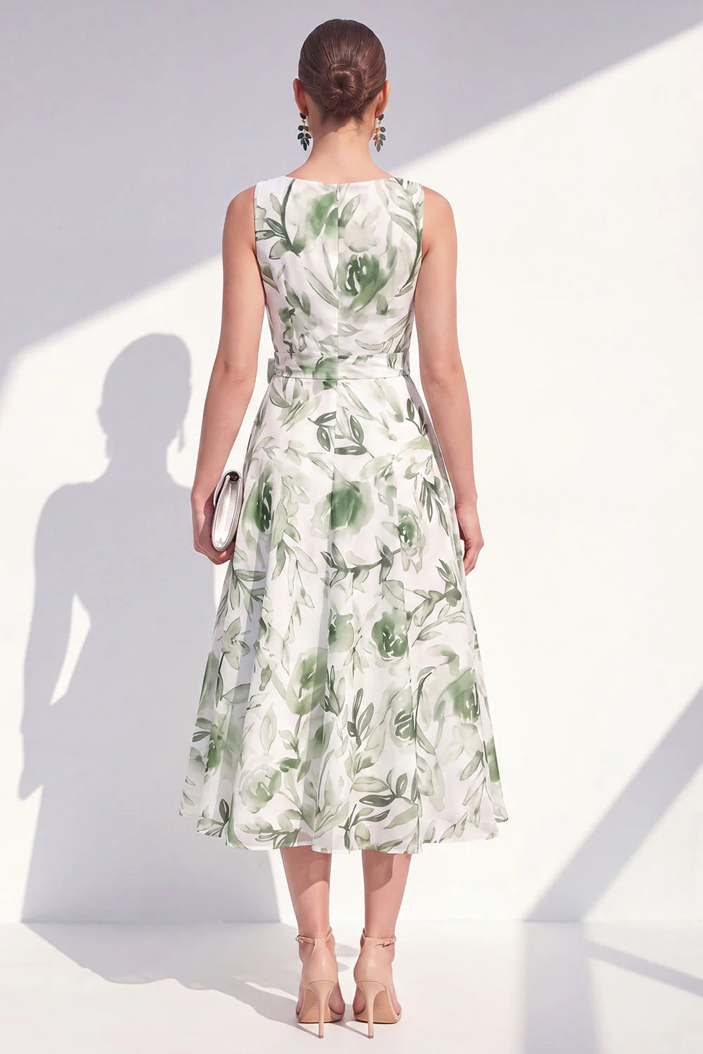 Purple Flower A Line V Neck Wedding Guest Dress with Belt