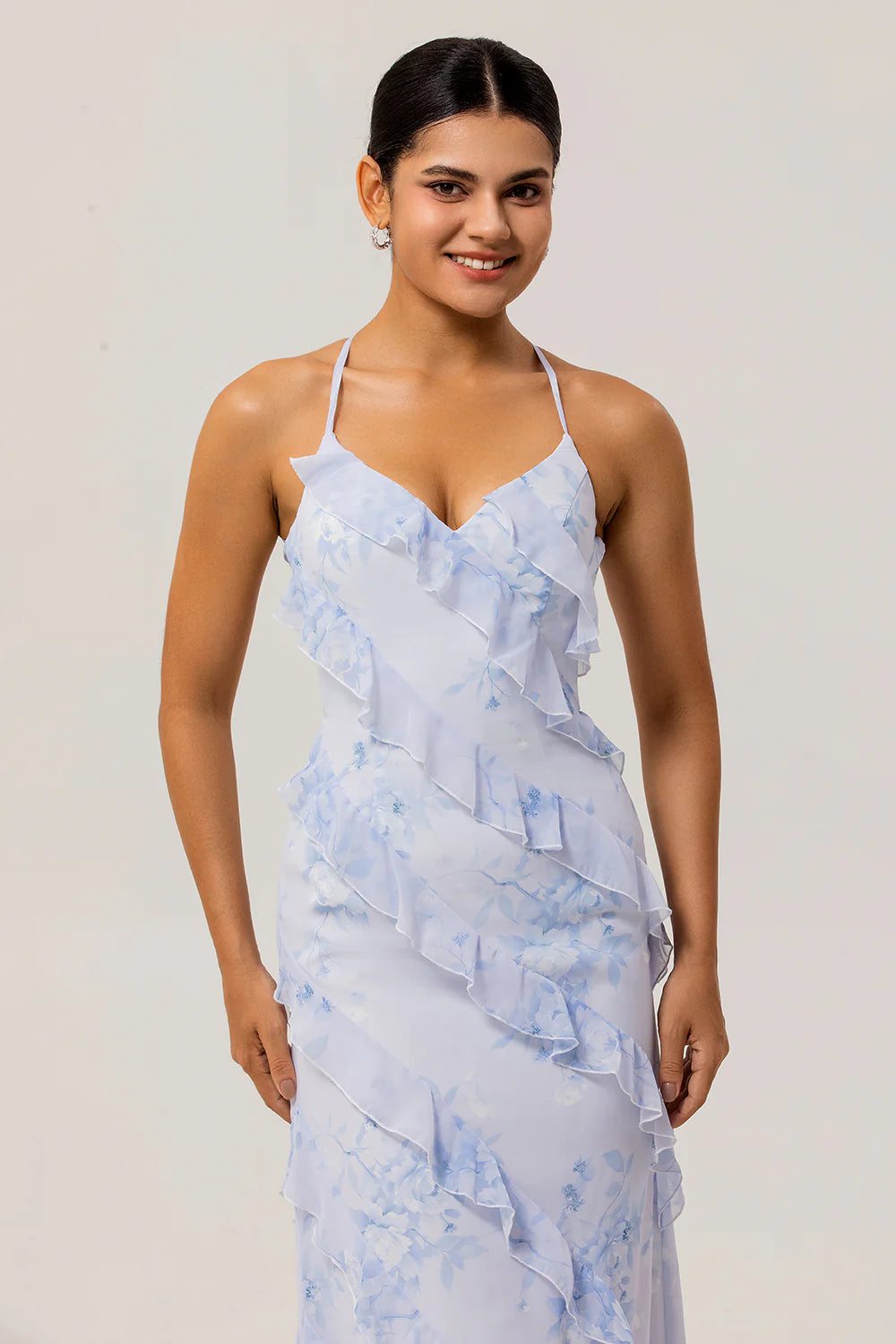 Blue Sheath Backless Print Floral Long Plus Size Bridesmaid Dress with Lace Up Back