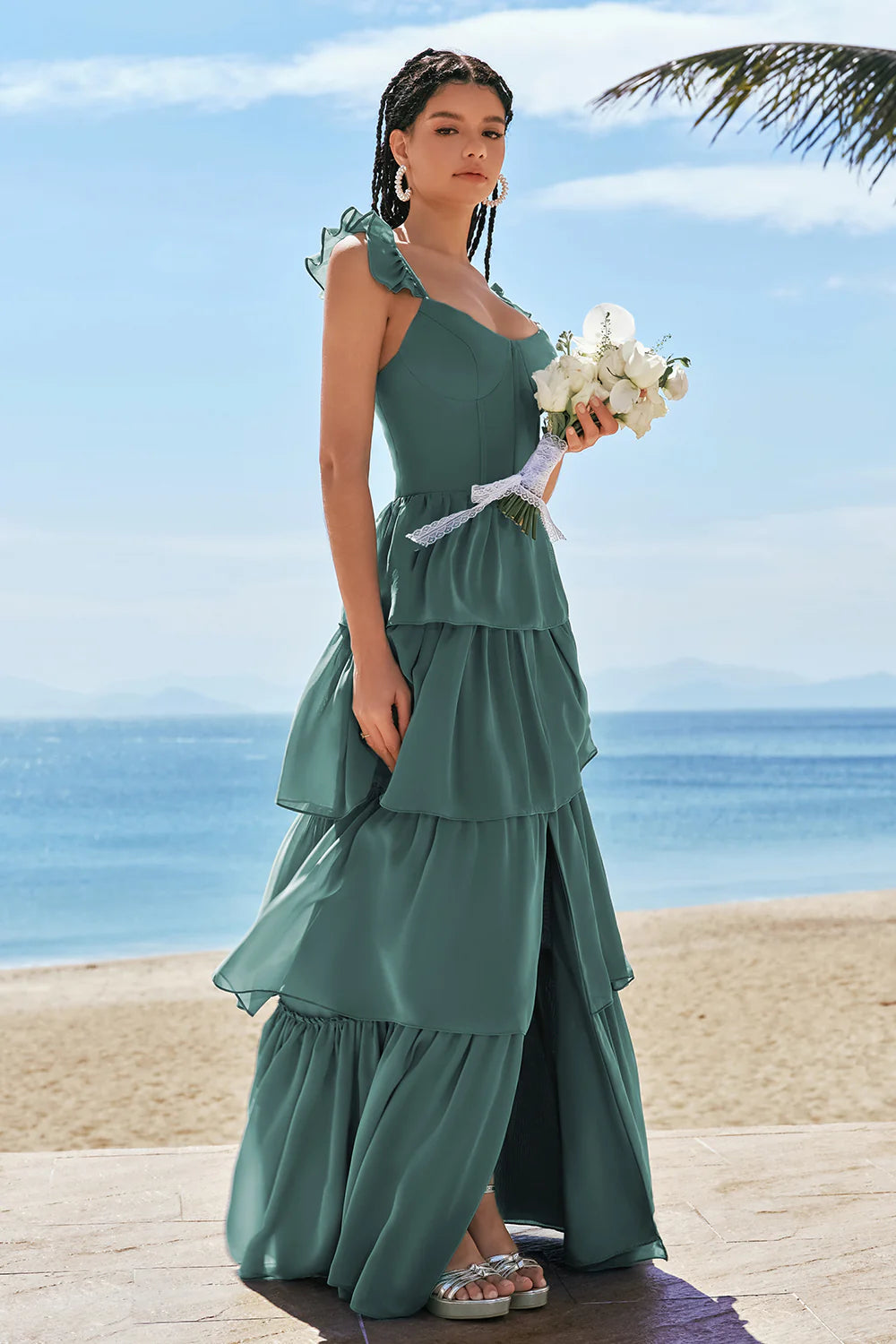 Eucalyptus A Line Tiered Ruched Corset Long Bridesmaid Dress with Slit