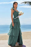 Eucalyptus A Line Tiered Ruched Corset Long Bridesmaid Dress with Slit