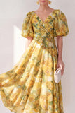 Yellow Floral A Line V Neck Wedding Guest Dress with Puff Sleeves