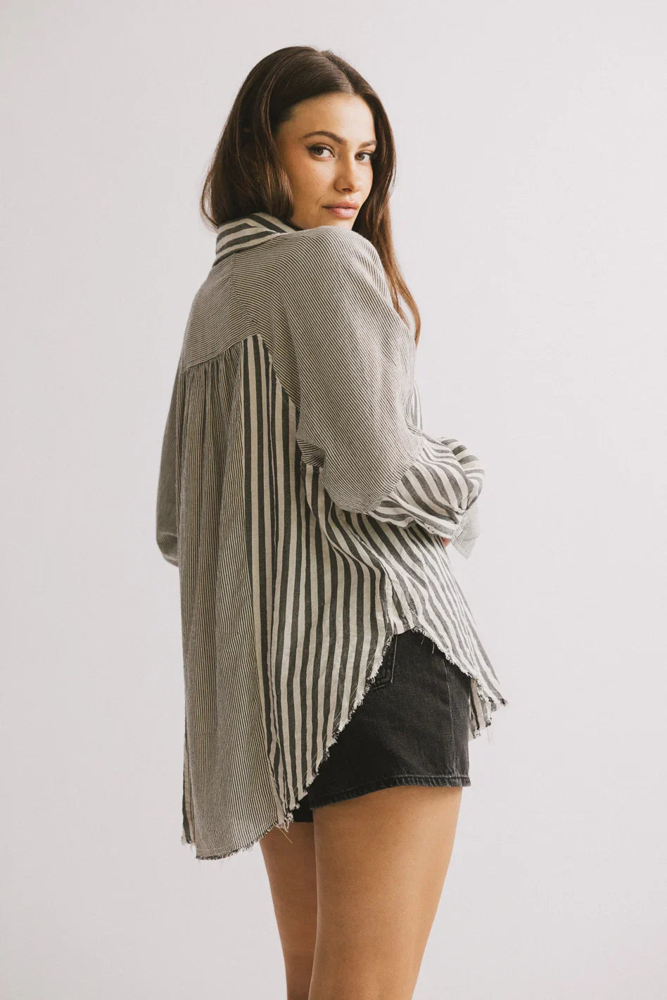 Gia Striped Button Up in Black