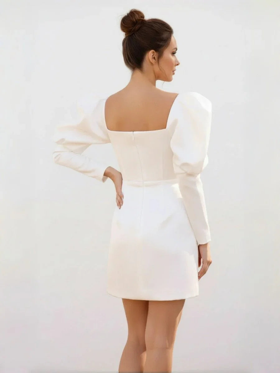 White Satin Short Wedding Dress with Puff Sleeves