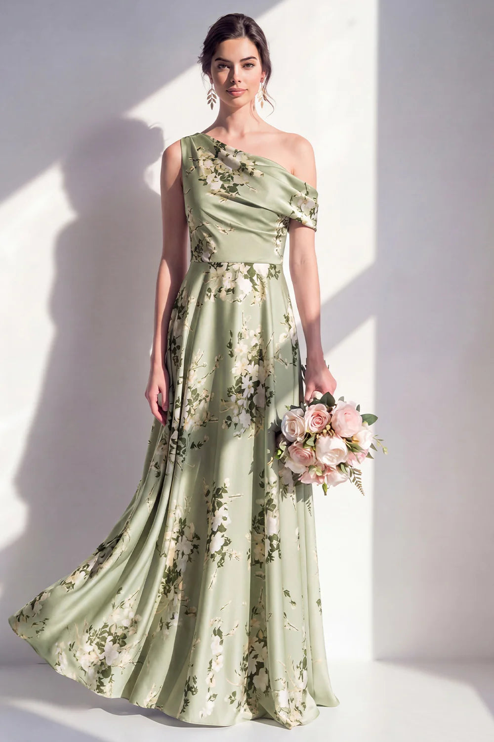 One Shoulder Sage Green A Line Satin Floral Bridesmaid Dress