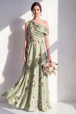 One Shoulder Sage Green A Line Satin Floral Bridesmaid Dress