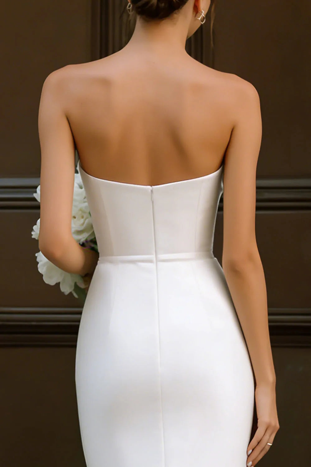Simple Strapless Bodycon White Midi Engagement Dress with Bow